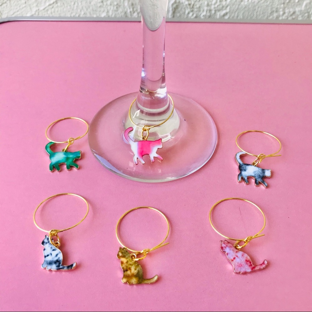 Cat Wine Glass Charms Set of 6 | Colorful Cat Drink Markers | Cute Party Glass